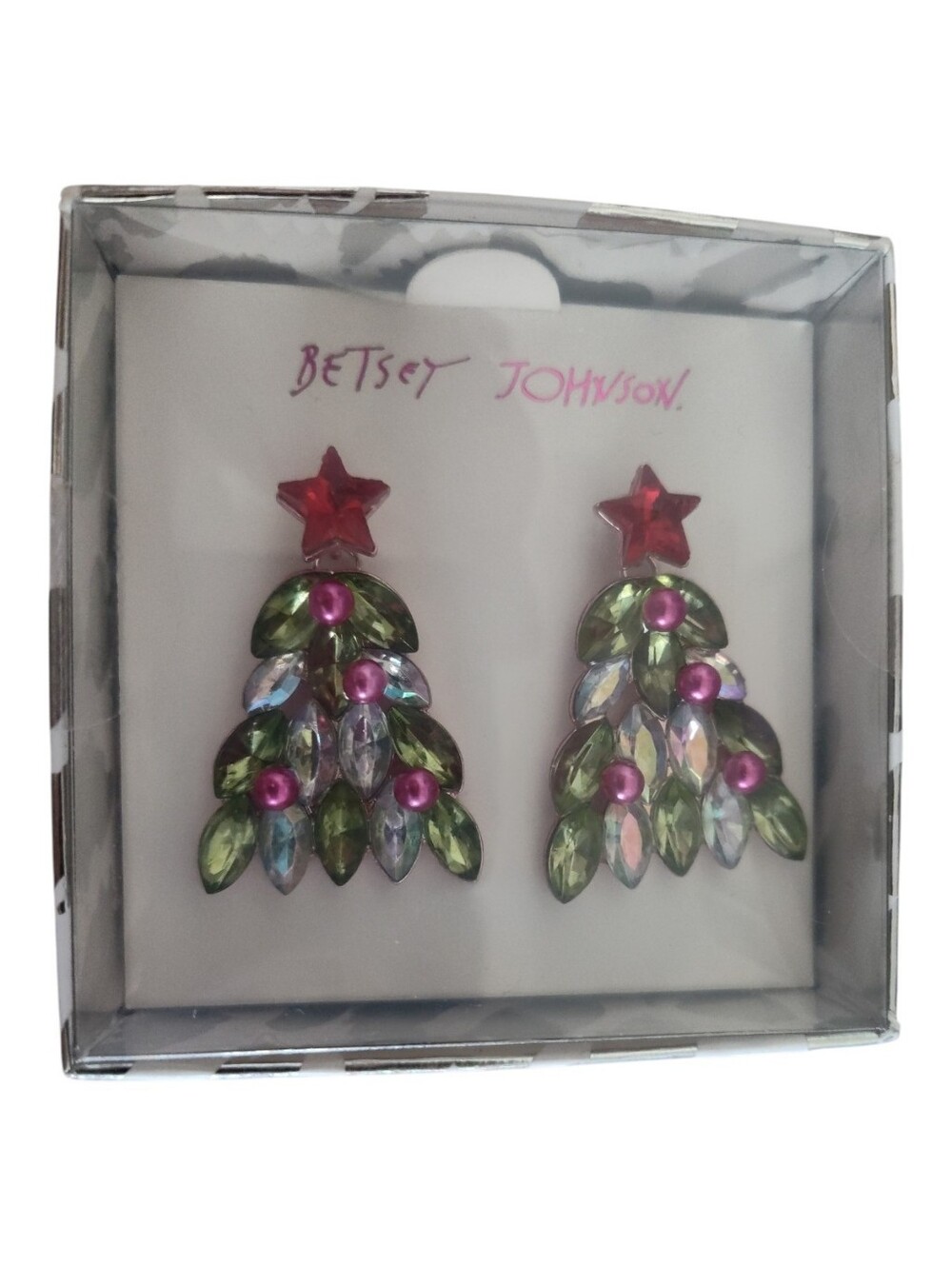 Betsey Johnson Crystal Christmas Tree Drop Earrings NIB (No Lid)